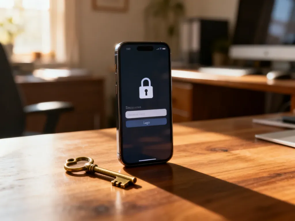 Ekran smartfona z ikoną kłódki na biurku, symbolizujący bezpieczne logowanie do konta Gmail.