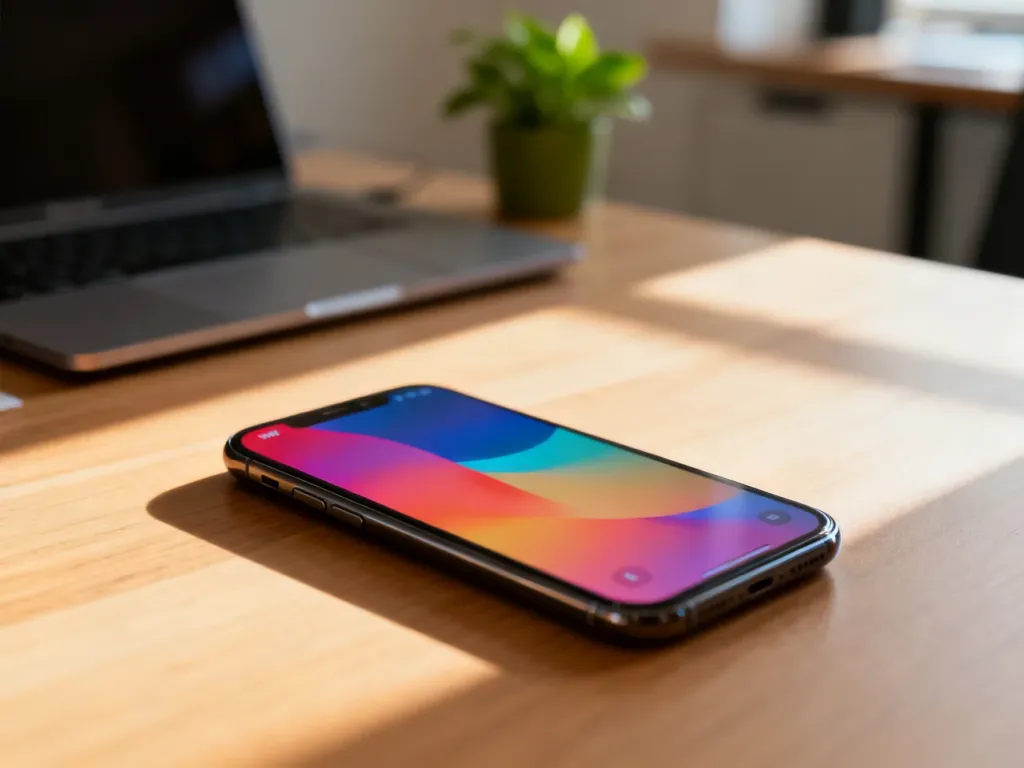 Nowoczesny smartfon z kolorowym interfejsem systemu Android leżący na minimalistycznym biurku w świetle poranka.