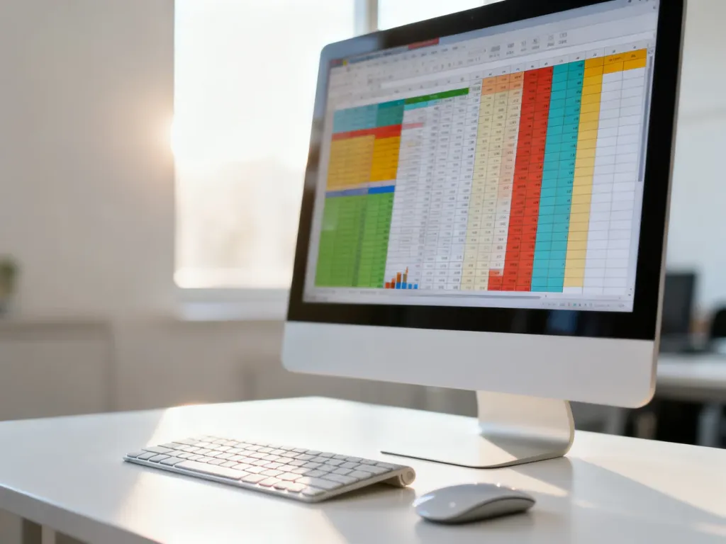 Nowoczesny monitor wyświetlający arkusz kalkulacyjny Excel na minimalistycznym biurku w jasnym biurze.
