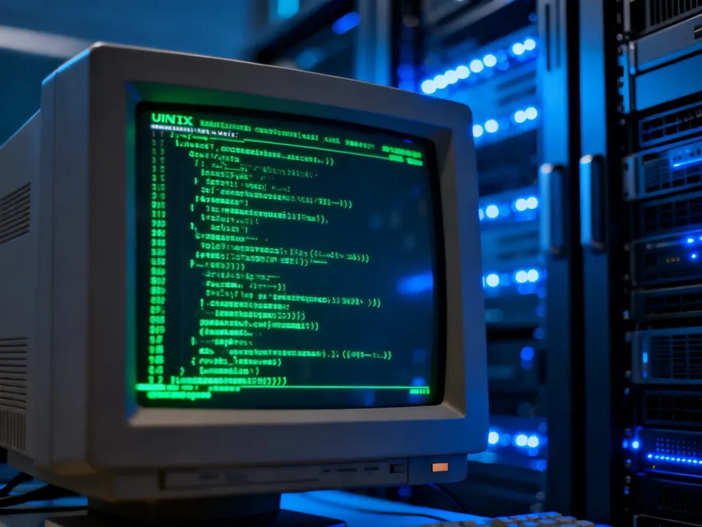Ekran terminala z kodem wiersza poleceń na tle nowoczesnego serwera, symbolizujący ewolucję systemów Unix i Linux.