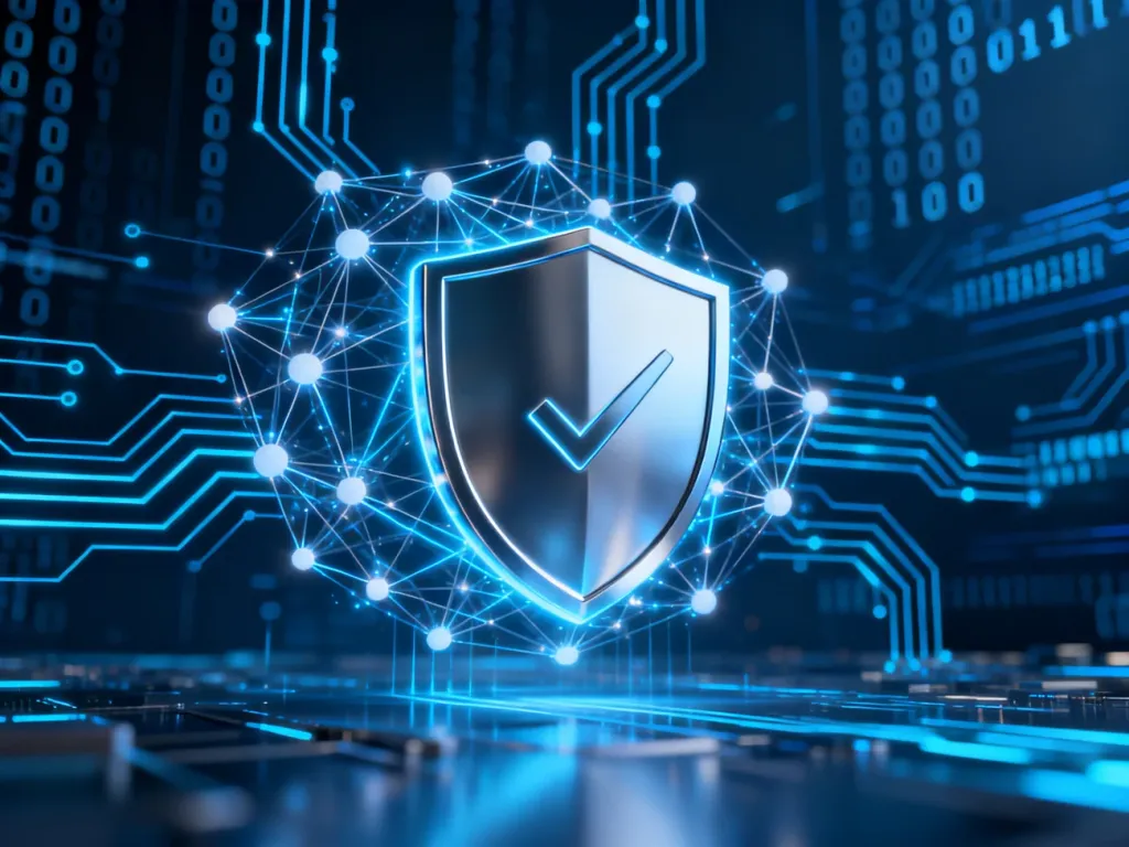 Świetlista cyfrowa tarcza chroniąca sieć danych, symbolizująca zaawansowane zabezpieczenia systemu Windows Defender.