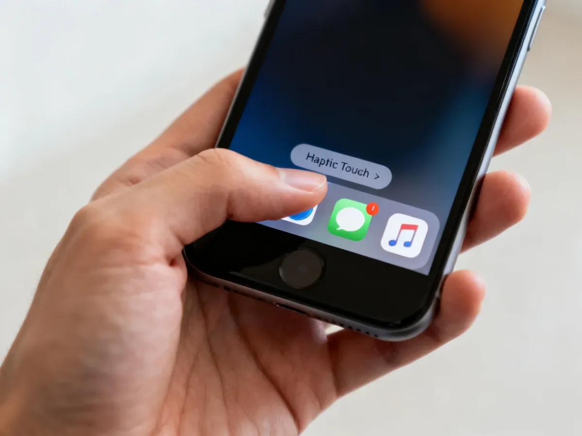 Dłoń przytrzymująca ikonę aplikacji na iPhonie z otwartym menu skrótów