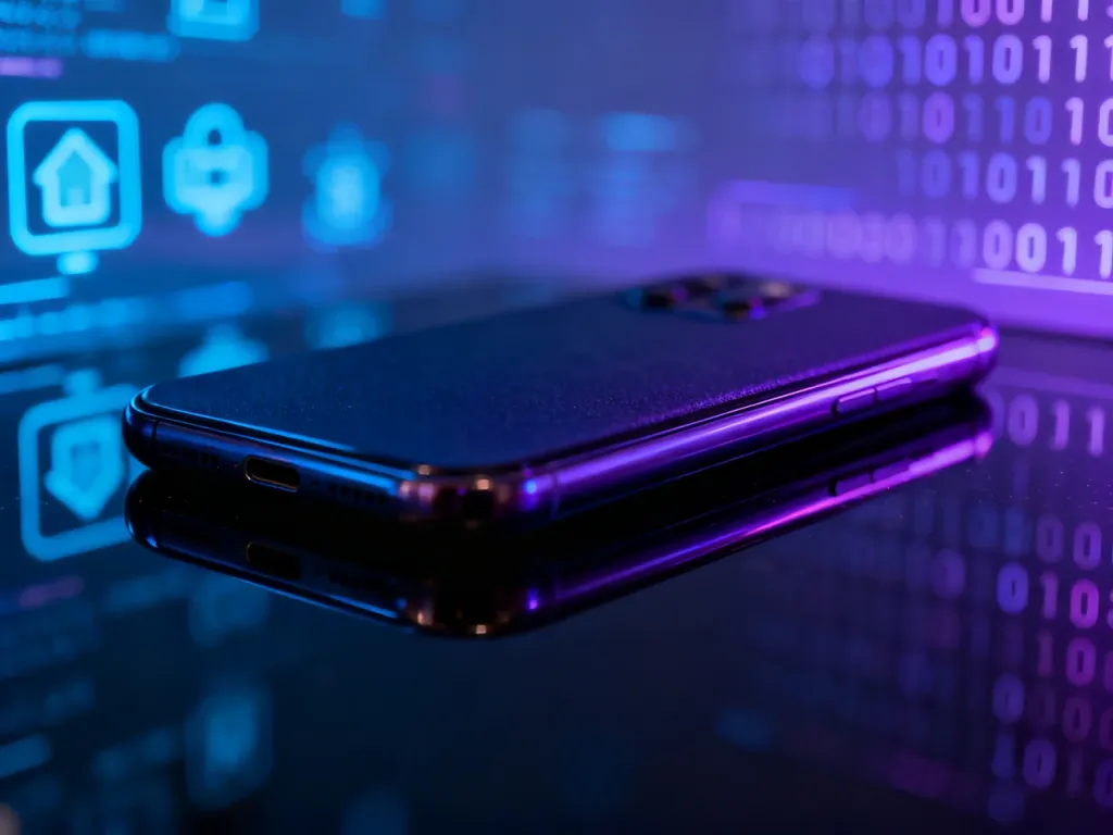 Nowoczesny smartfon na ciemnym, błyszczącym tle, symbolizujący zaawansowaną technologię mobilną.