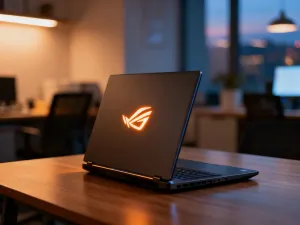 Nowoczesny laptop 2 w 1 w trybie tabletu na biurku, oświetlony ciepłym porannym światłem w przytulnym domowym biurze.