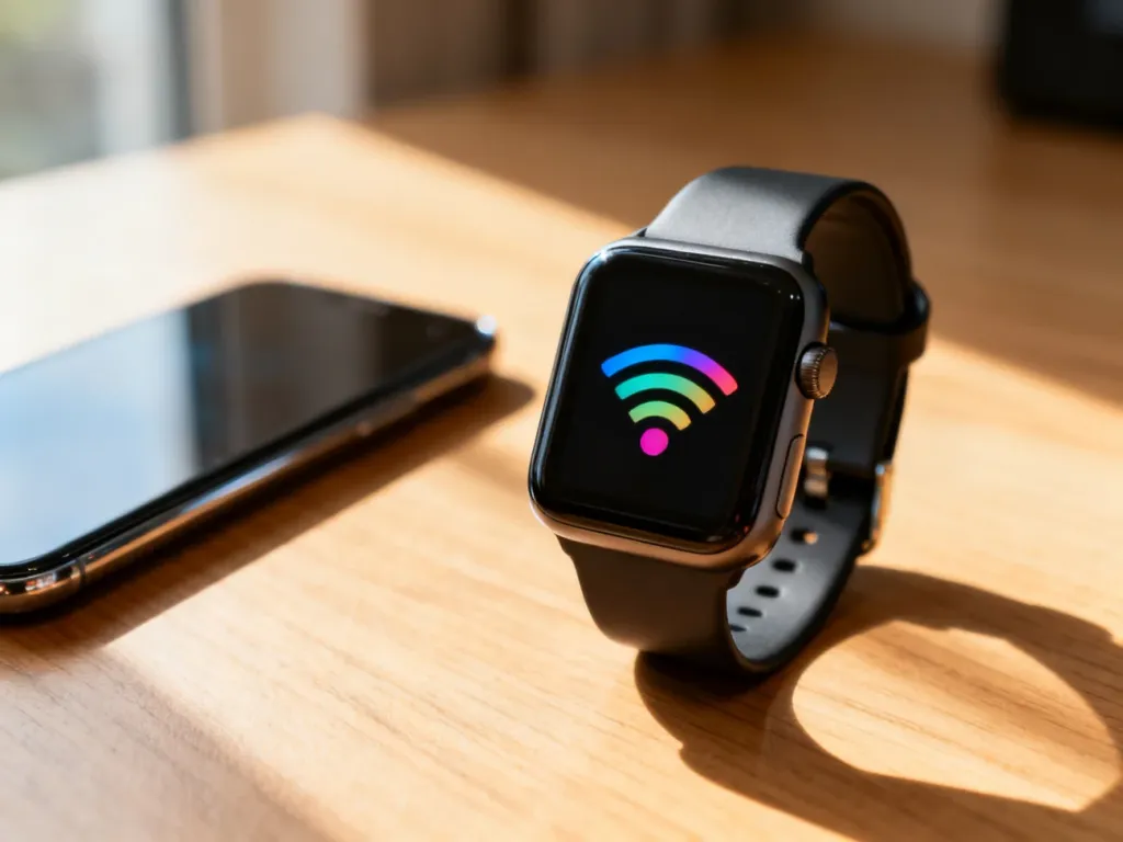 Smartwatch z ikoną połączenia bezprzewodowego na ekranie leżący obok smartfona na drewnianym biurku.
