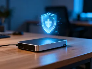 Nowoczesny smartfon na biurku z rozmytym ekranem komputera w tle, symbolizującym proces weryfikacji bezpieczeństwa urządzenia.