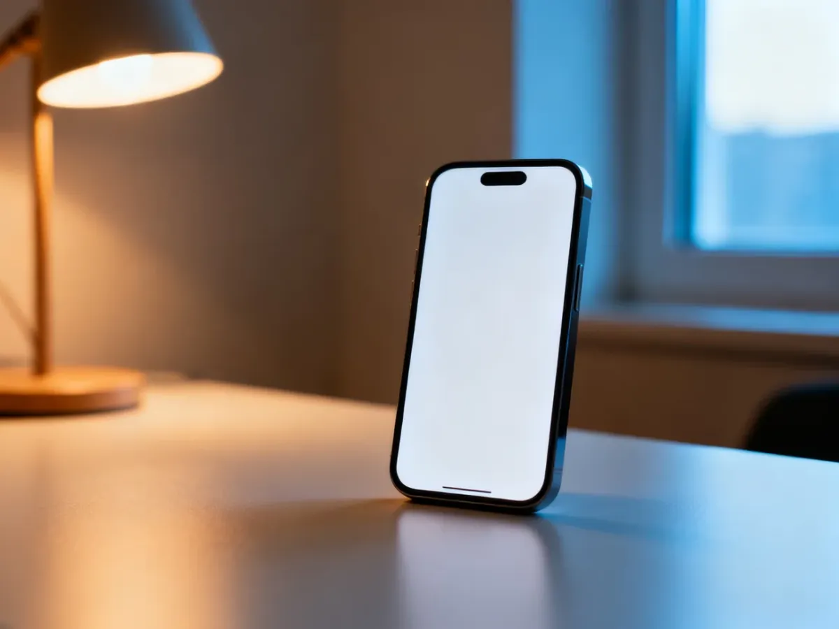iPhone na biurku w zmiennym oświetleniu, ilustrujący działanie funkcji True Tone