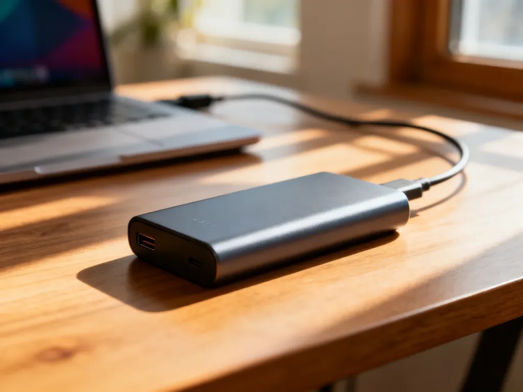 Nowoczesny powerbank na drewnianym biurku w domowym biurze, gotowy do ładowania urządzeń mobilnych.