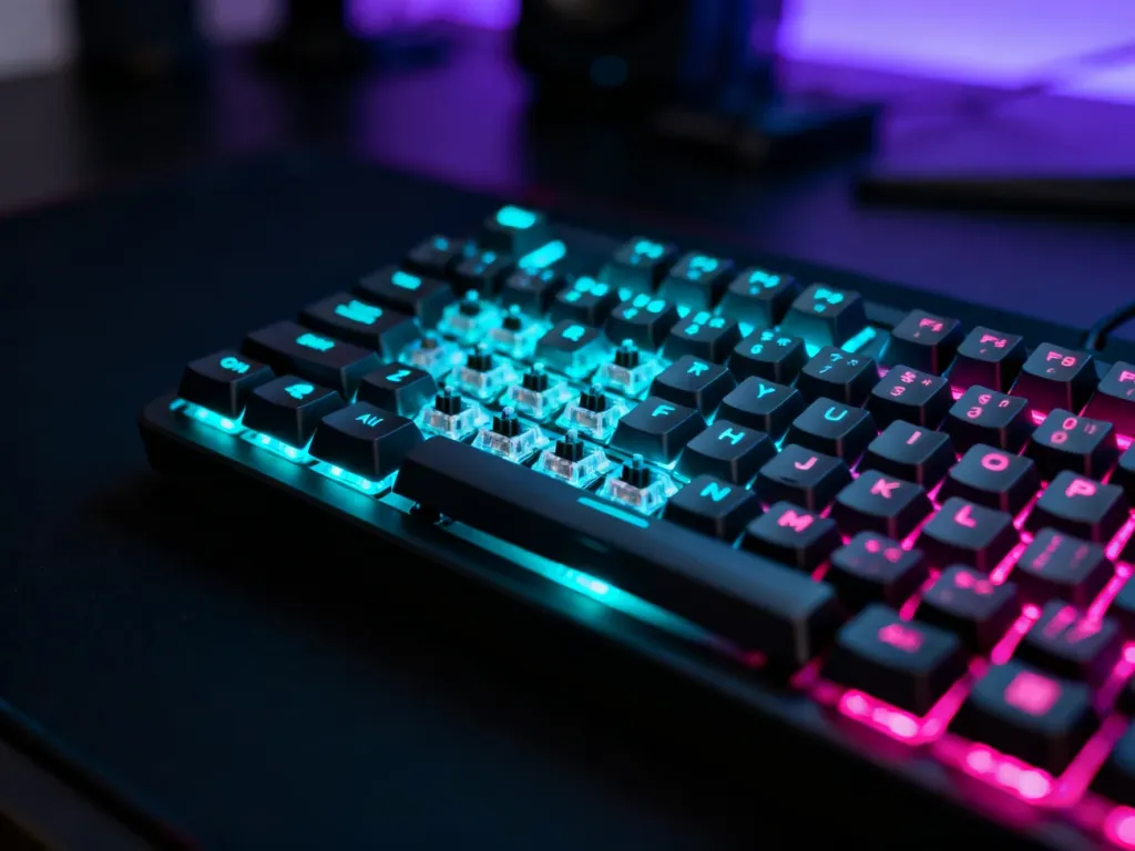 Mechaniczna klawiatura gamingowa z podświetleniem RGB w kolorach cyjanu i magenty na stanowisku gracza.