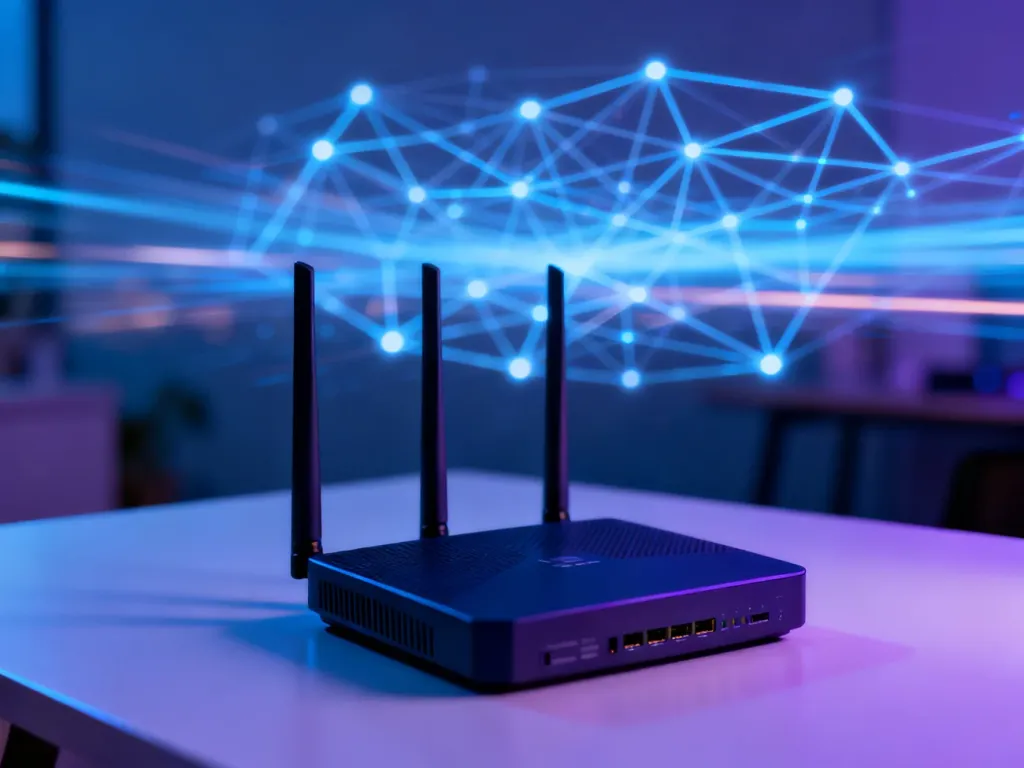 Nowoczesny router na minimalistycznym biurku z cyfrową siecią w tle, symbolizujący szybką transmisję danych.