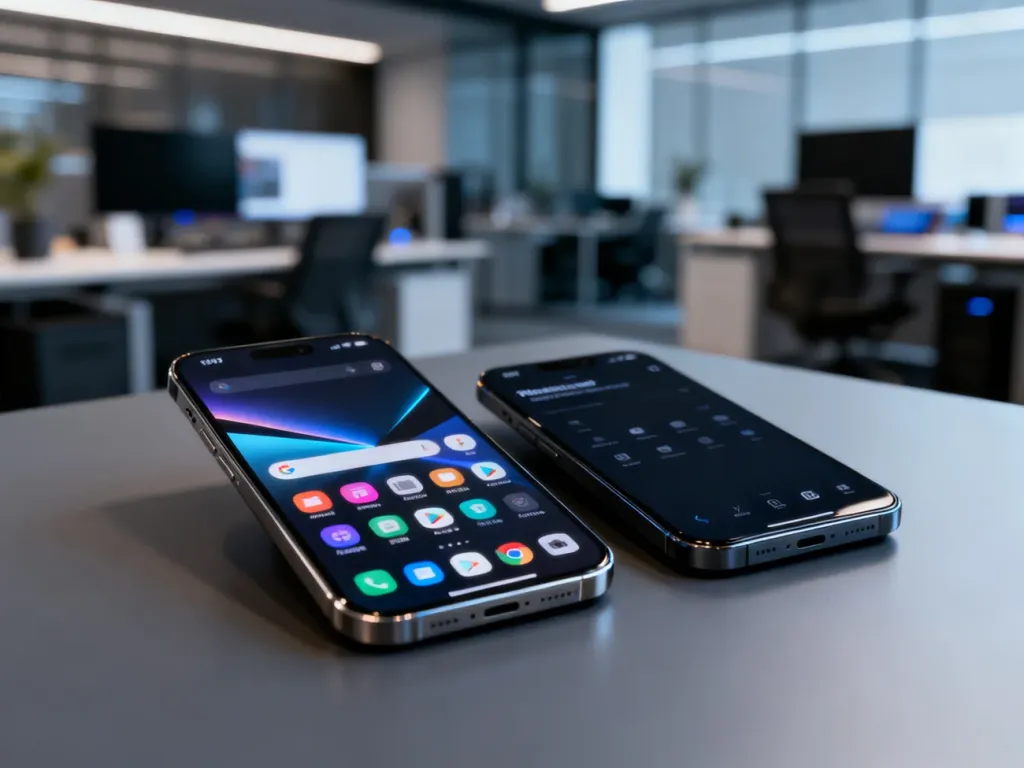 Dwa nowoczesne smartfony z systemami iOS i Android zestawione obok siebie na minimalistycznym tle.
