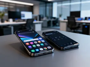 Smartfon leżący obok laptopa z wyświetlonym interfejsem telefonu, ilustrujący działanie aplikacji Łącze z telefonem.