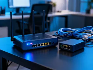 Zdemontowana płyta główna laptopa na drewnianym stole z profesjonalnymi narzędziami w tle.