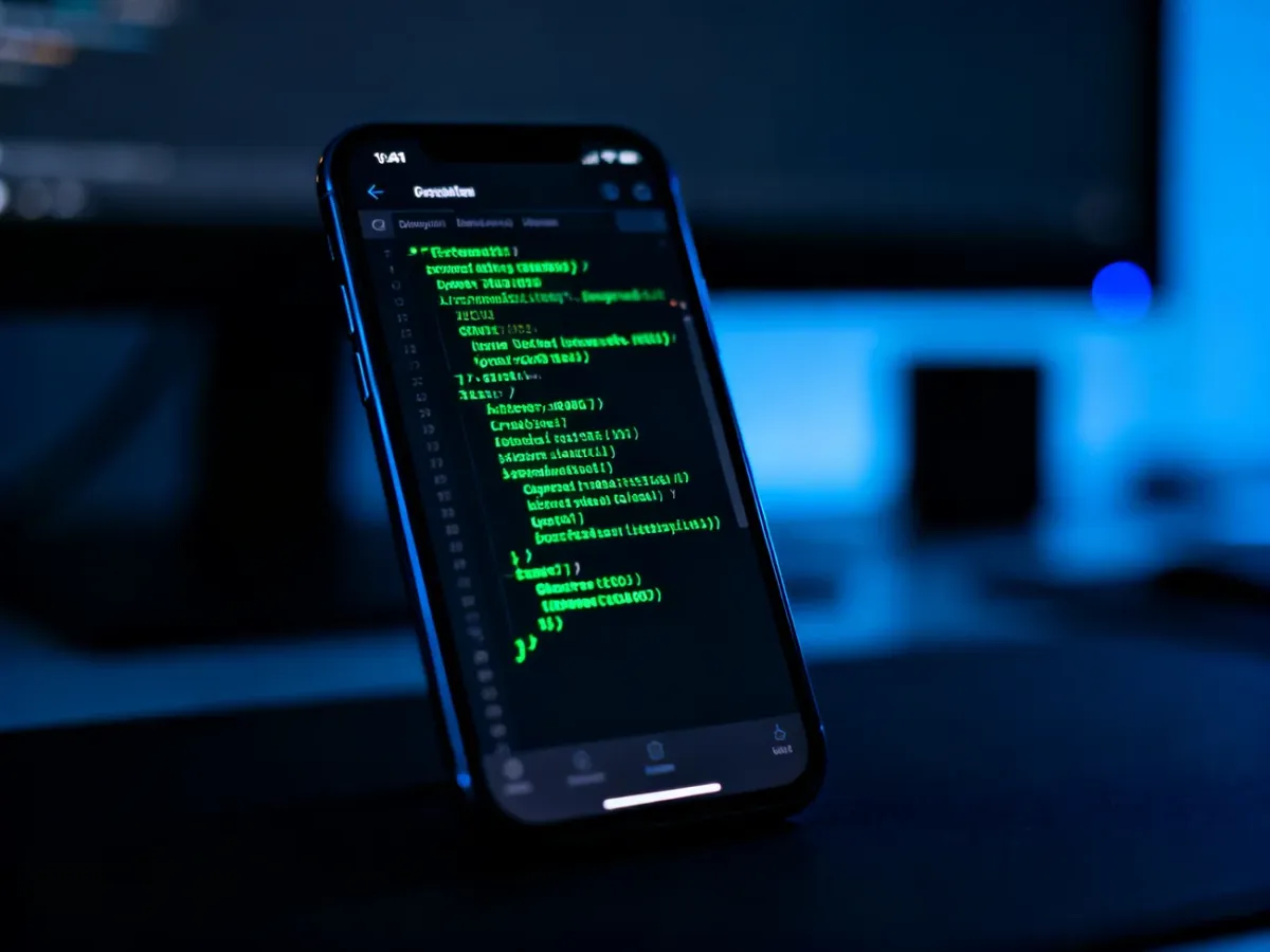 Ekran iPhone'a z otwartym wierszem poleceń terminala w minimalistycznym, ciemnym otoczeniu.