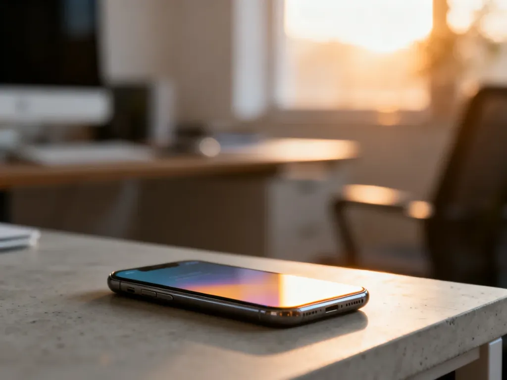 Nowoczesny smartfon z podświetlonym ekranem na minimalistycznym biurku w słonecznym domowym biurze.