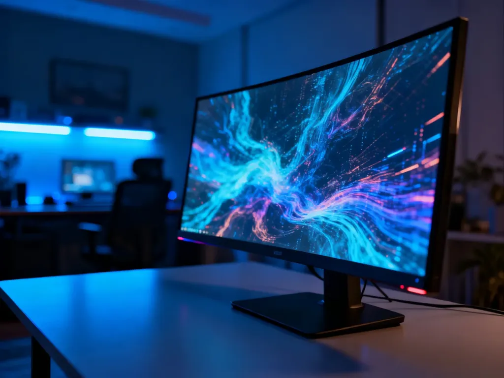 Nowoczesne stanowisko komputerowe z panoramicznym monitorem wyświetlającym kolorową grafikę w przyciemnionym biurze.