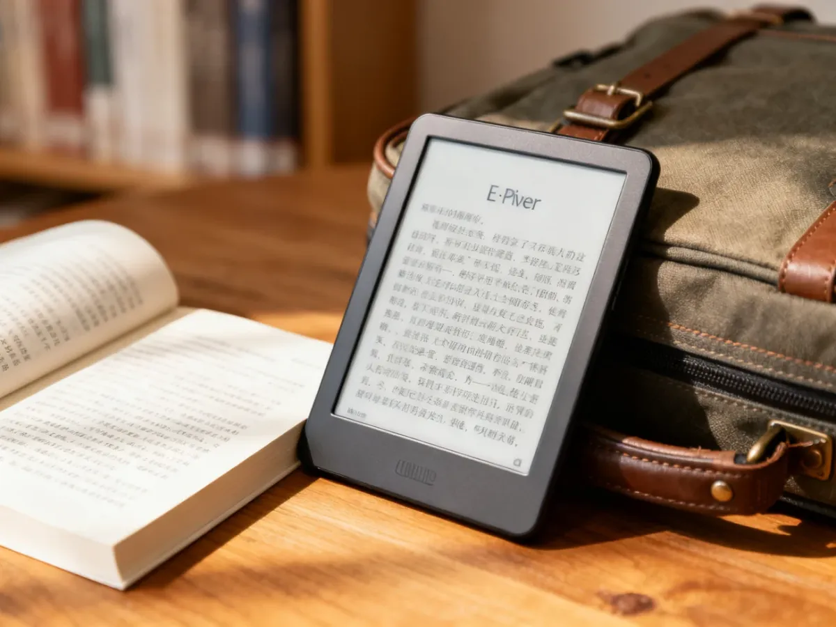 Czytnik ebooków leżący obok otwartej książki papierowej
