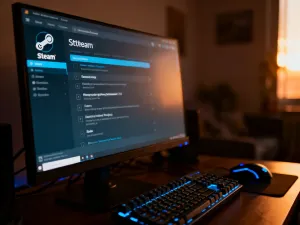 Nowoczesny tablet z kolorową grafiką na ekranie, leżący na drewnianym biurku w przytulnym domowym biurze.
