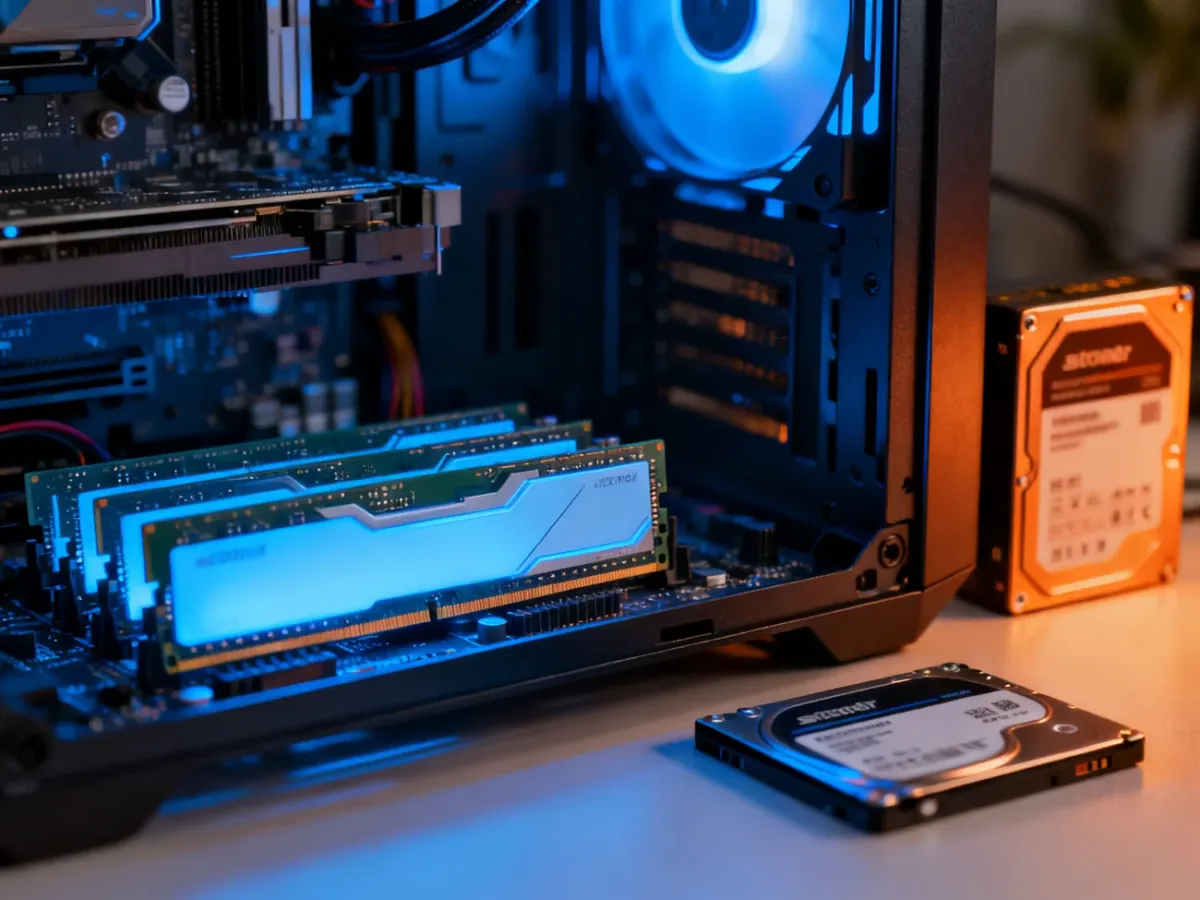 Moduły pamięci RAM obok dysku SSD i HDD w komputerze