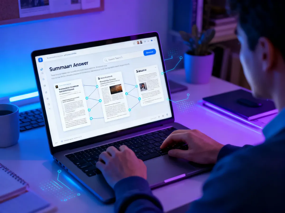Osoba korzystająca z wyszukiwarki konwersacyjnej AI na laptopie