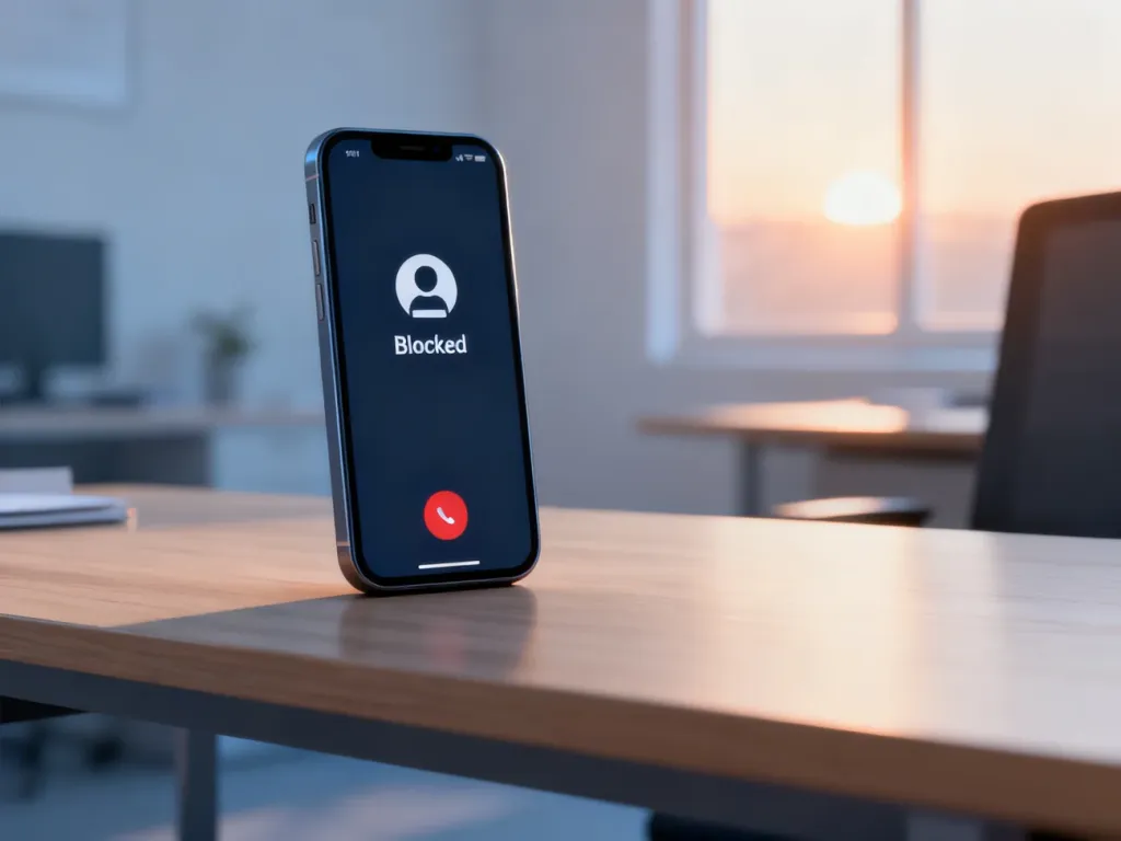 Smartfon na drewnianym biurku z ikoną blokowania kontaktu na ekranie, symbolizujący proces blokowania numeru w iPhone.