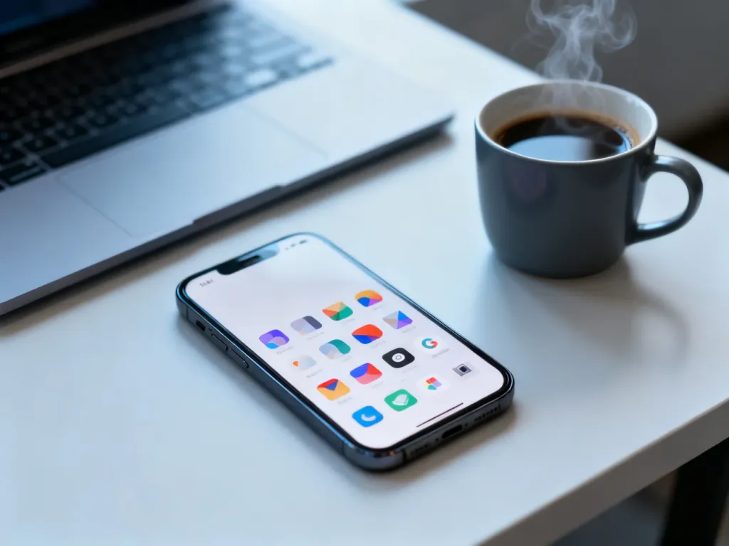 Minimalistyczny ekran smartfona z uporządkowaną siatką ikon aplikacji na tle nowoczesnego biurka.