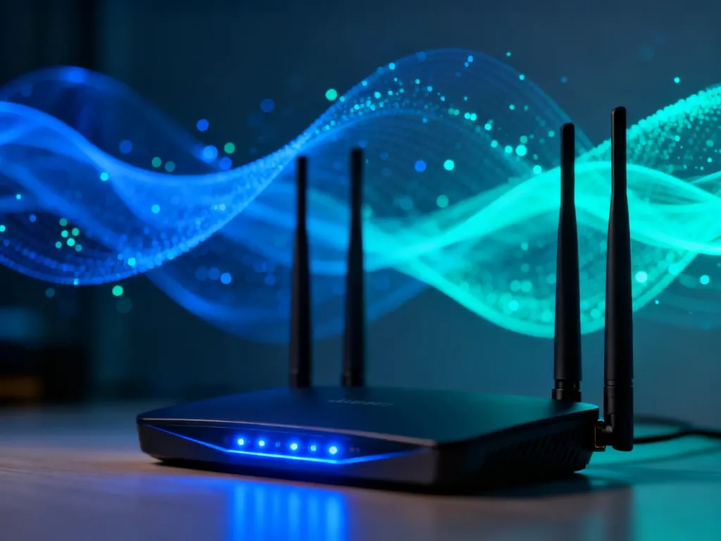 Nowoczesny router dwuzakresowy z wizualizacją sygnału Wi-Fi, ilustrujący działanie sieci bezprzewodowej.