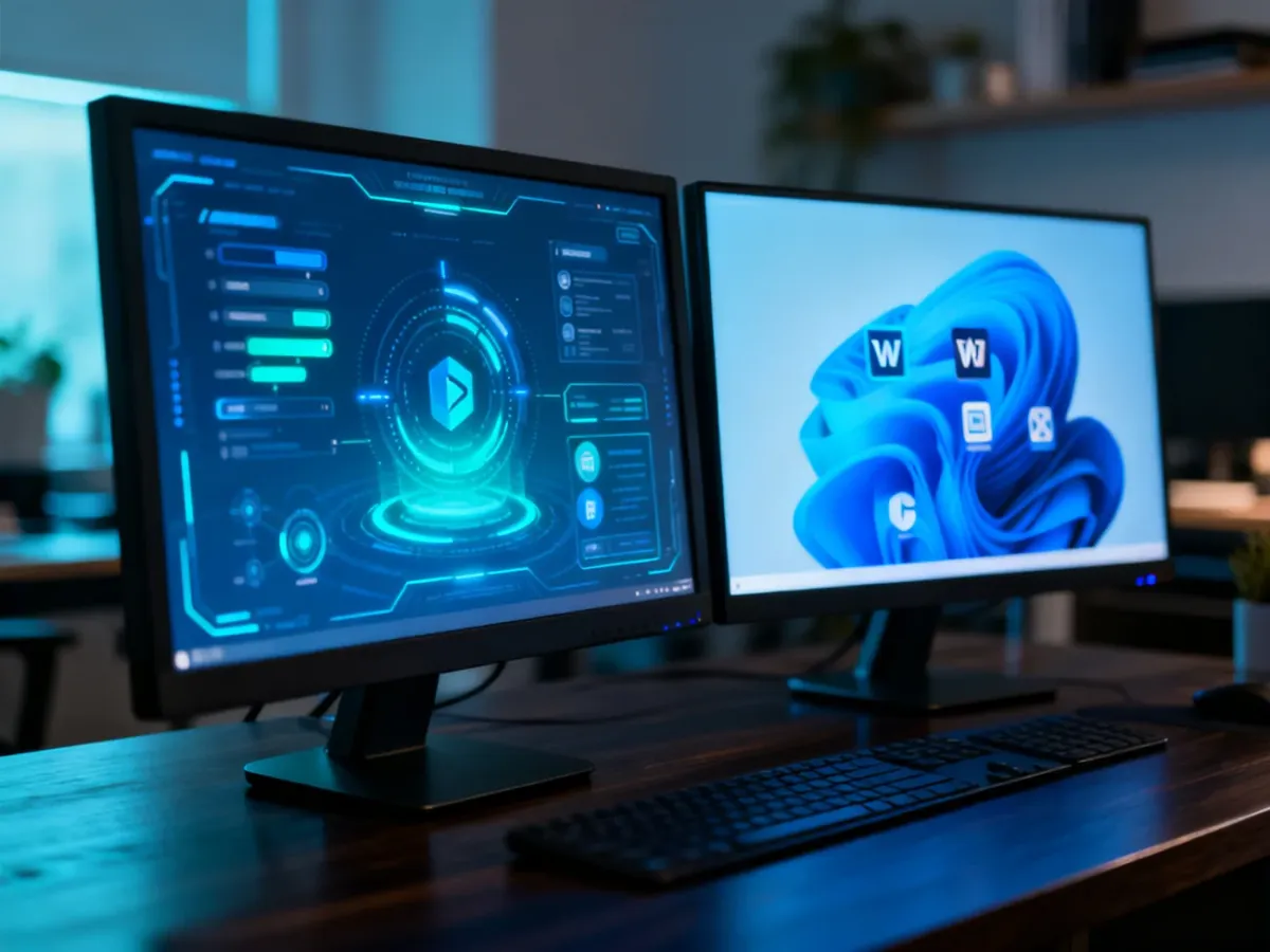 Dwa nowoczesne monitory z różnymi interfejsami systemowymi na biurku, ilustrujące porównanie wersji systemu Windows.