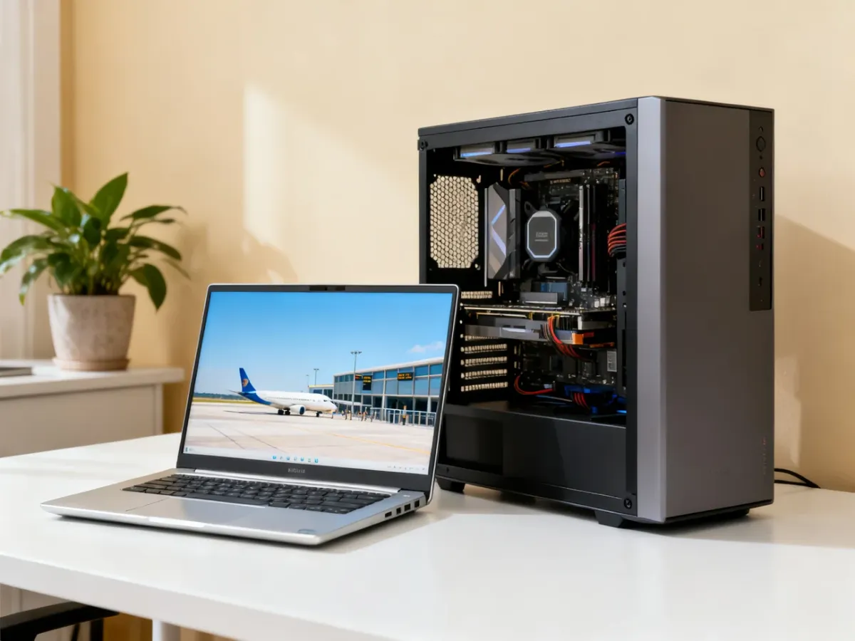 Laptop i komputer stacjonarny zestawione na wspólnym stanowisku pracy