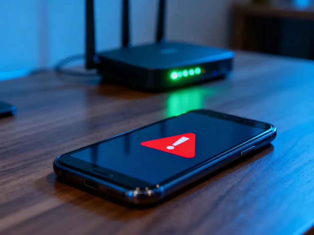 Ekran smartfona z ikoną błędu połączenia sieciowego na tle routera Wi-Fi, ilustrujący problem z zasięgiem sieci.