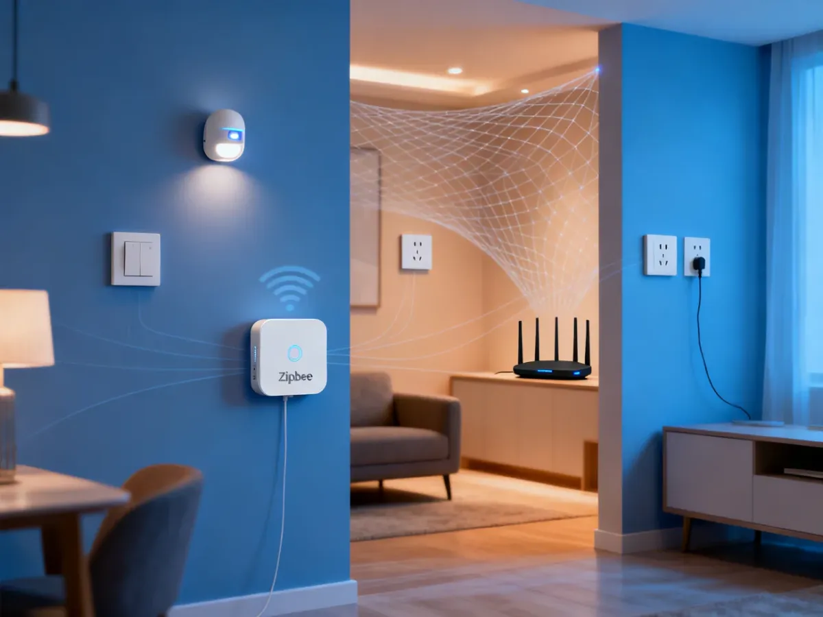 Inteligentny dom z bramką Zigbee, routerem Wi-Fi i urządzeniami połączonymi bezprzewodowo