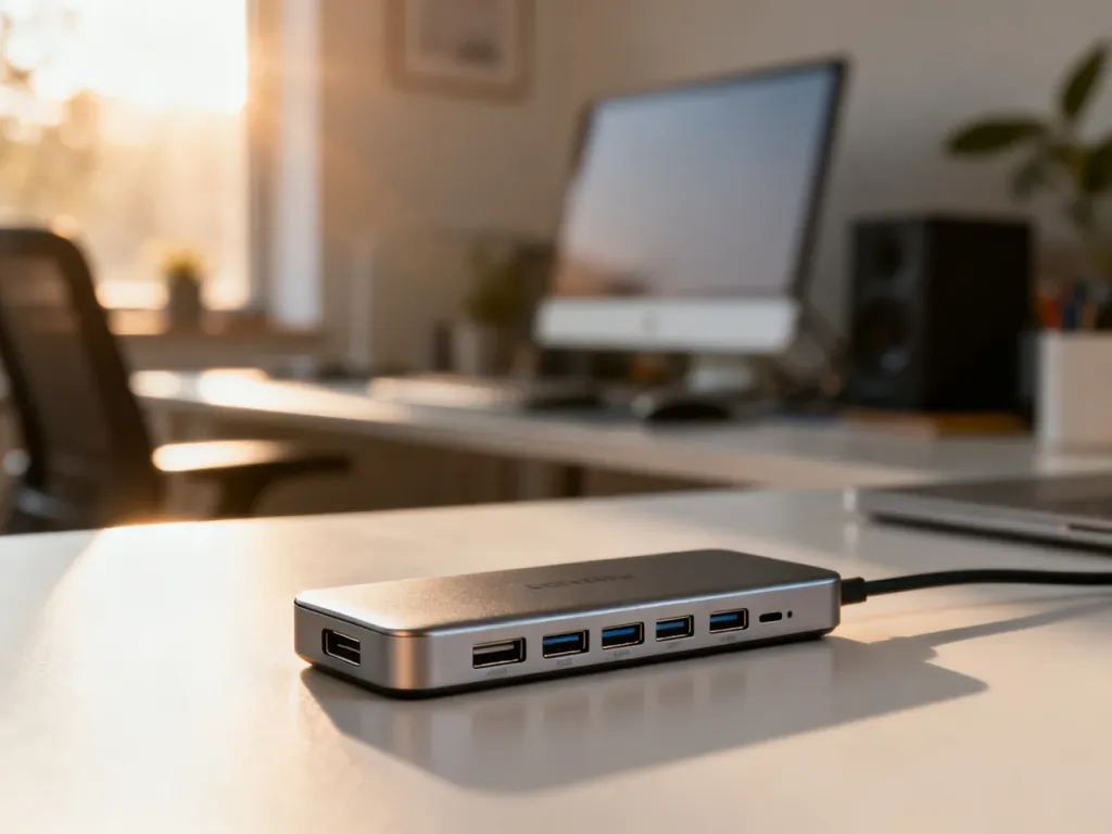 Nowoczesny hub USB-C na minimalistycznym biurku, podkreślający organizację stanowiska pracy w domowym biurze.
