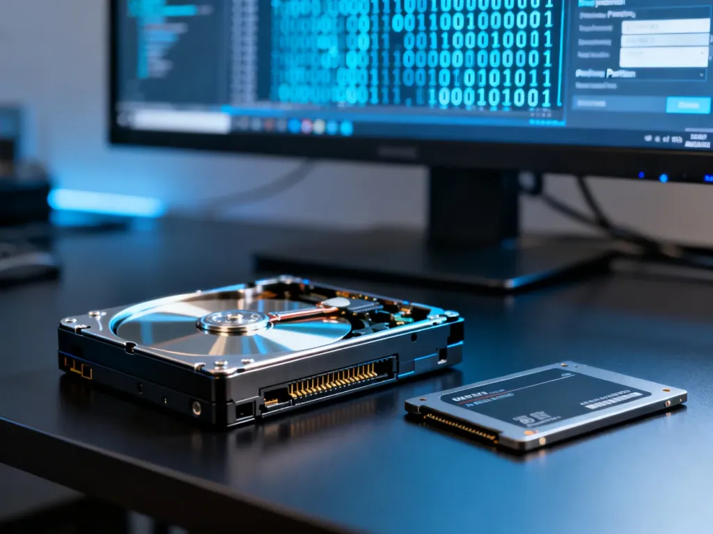 Dysk HDD i SSD leżące na biurku, z rozmytym ekranem ustawień partycji w tle, ilustrujące wybór formatu dysku.