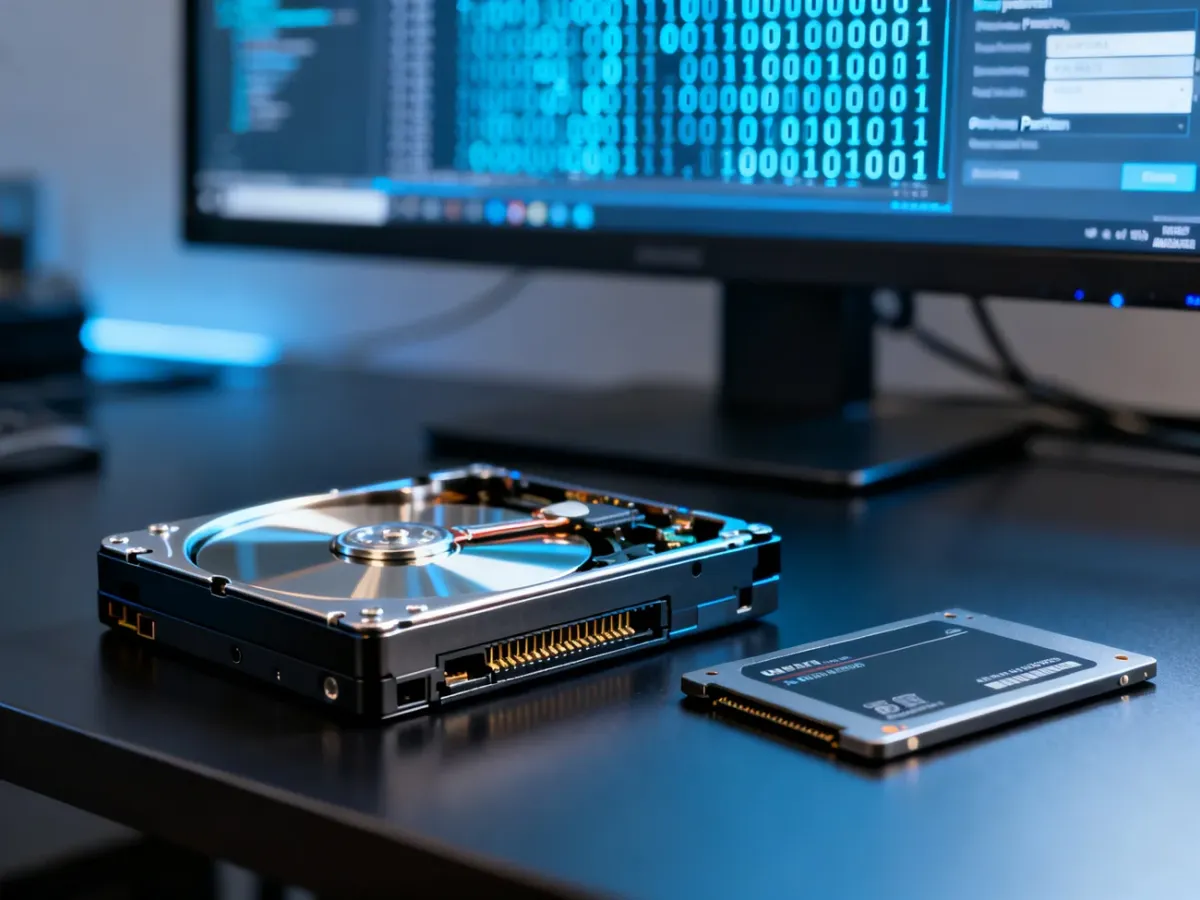 Dysk HDD i SSD leżące na biurku, z rozmytym ekranem ustawień partycji w tle, ilustrujące wybór formatu dysku.