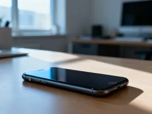 Nowoczesny smartfon leżący na drewnianym biurku z widoczną ikoną w pełni naładowanej baterii na ekranie.