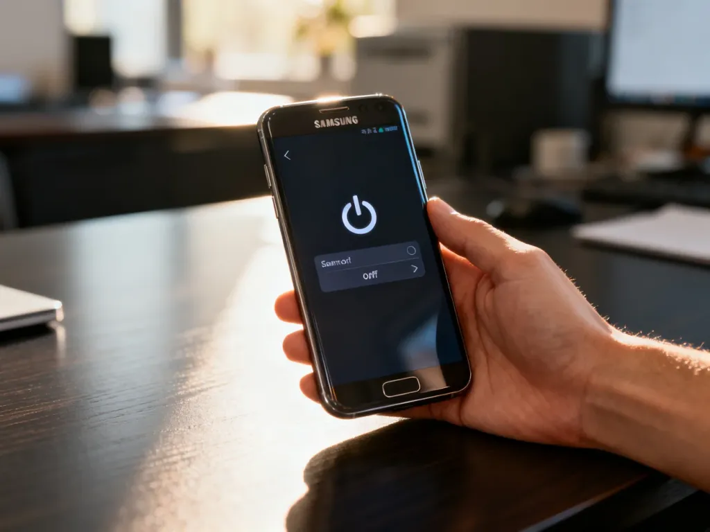 Nowoczesny smartfon Samsung z widocznym na ekranie menu wyłączania, leżący na drewnianym biurku w świetle poranka.