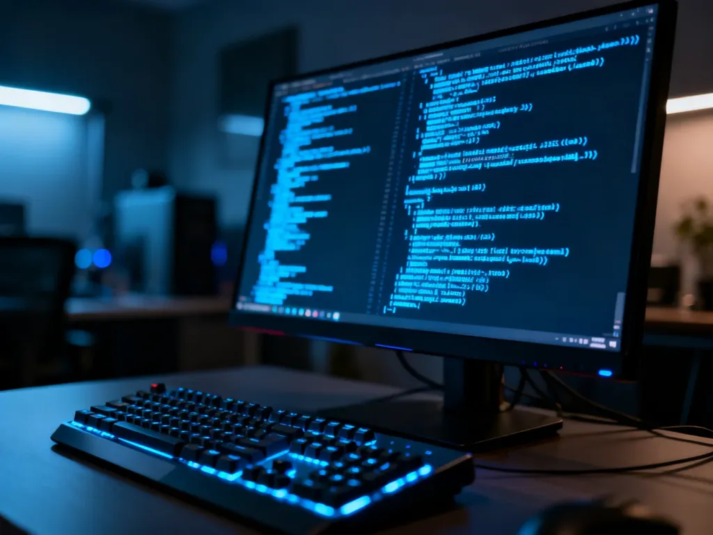 Monitor z wierszem poleceń PowerShell oraz podświetlana klawiatura mechaniczna w profesjonalnym biurze domowym.