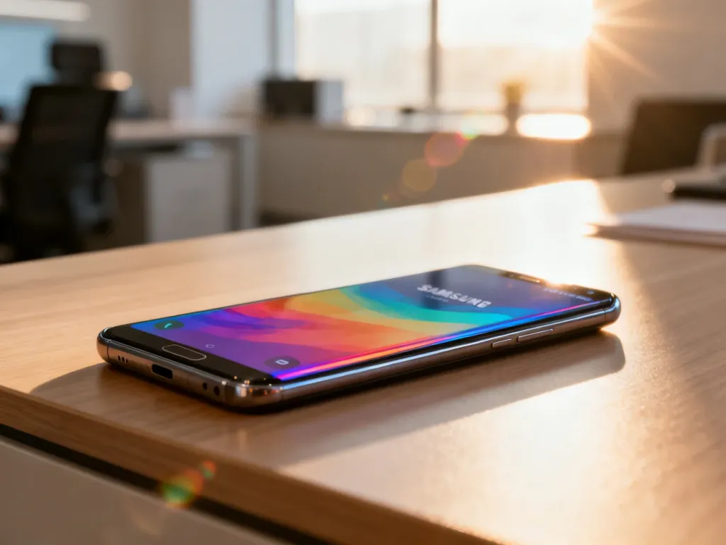 Flagowy smartfon Samsung z wyraźnym ekranem na minimalistycznym drewnianym biurku w słonecznym biurze.
