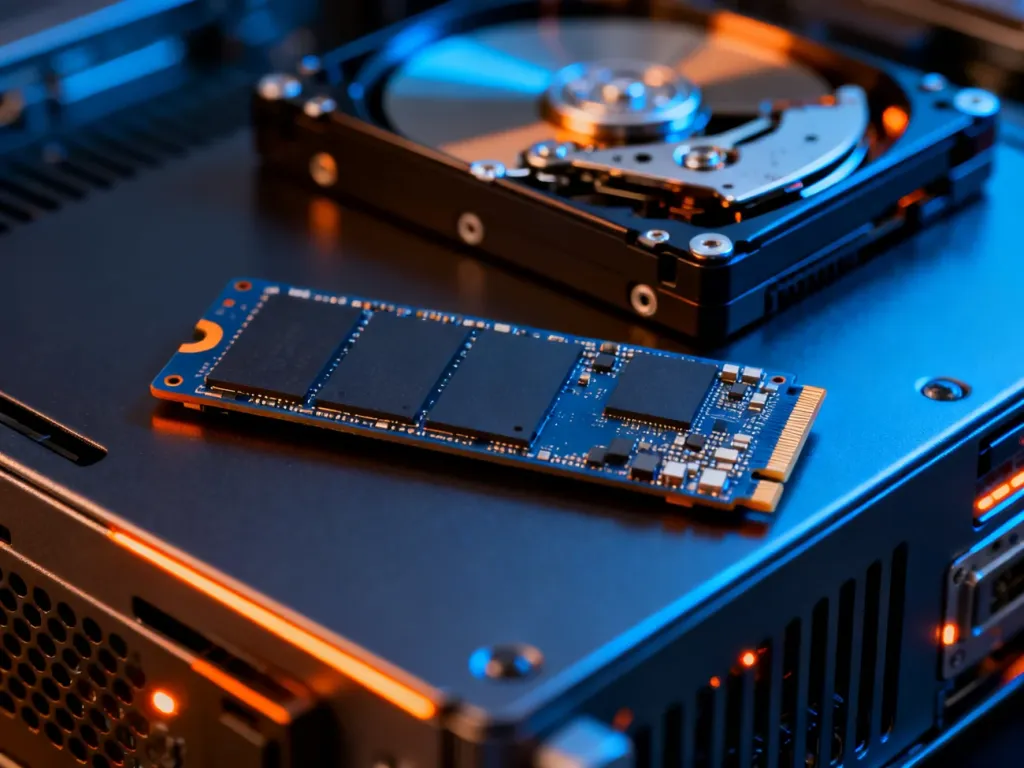 Nowoczesny dysk SSD umieszczony na obudowie komputera, z rozmytym dyskiem HDD w tle, obrazujący różnice między tymi technologiami.