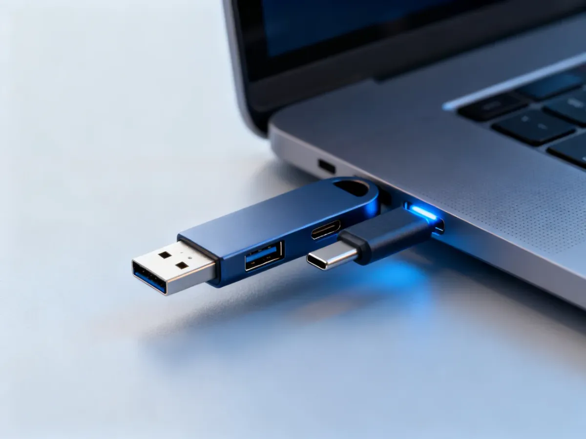 Pendrive z widocznymi złączami USB-A i USB-C obok komputera