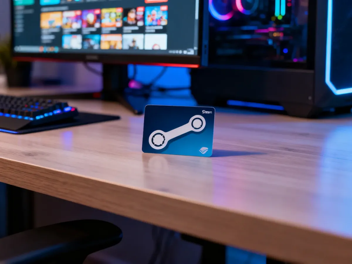 Fizyczna karta podarunkowa Steam leżąca na drewnianym biurku w tle z gamingowym monitorem.