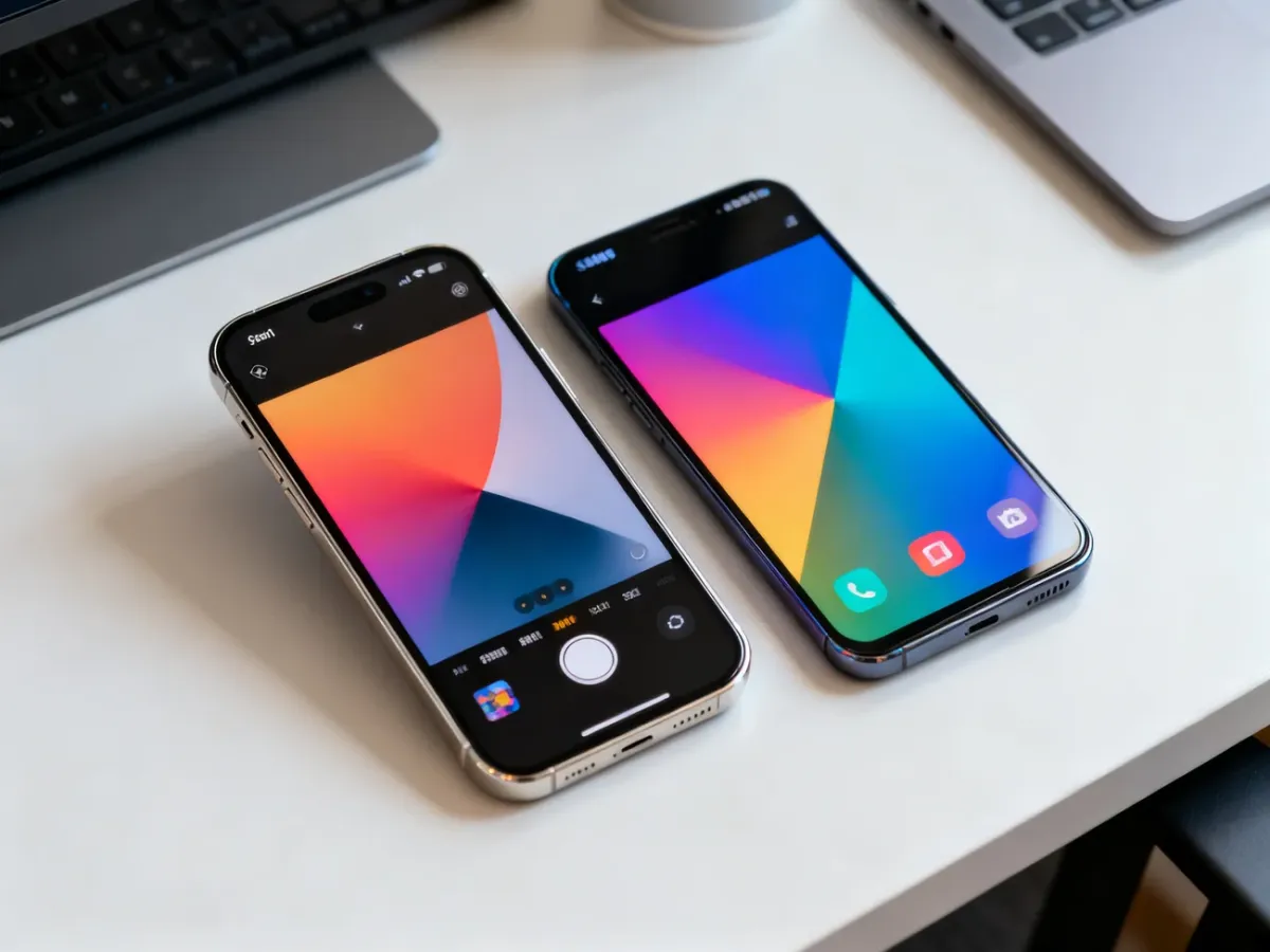 iPhone i Samsung Galaxy ułożone obok siebie podczas porównania aparatów