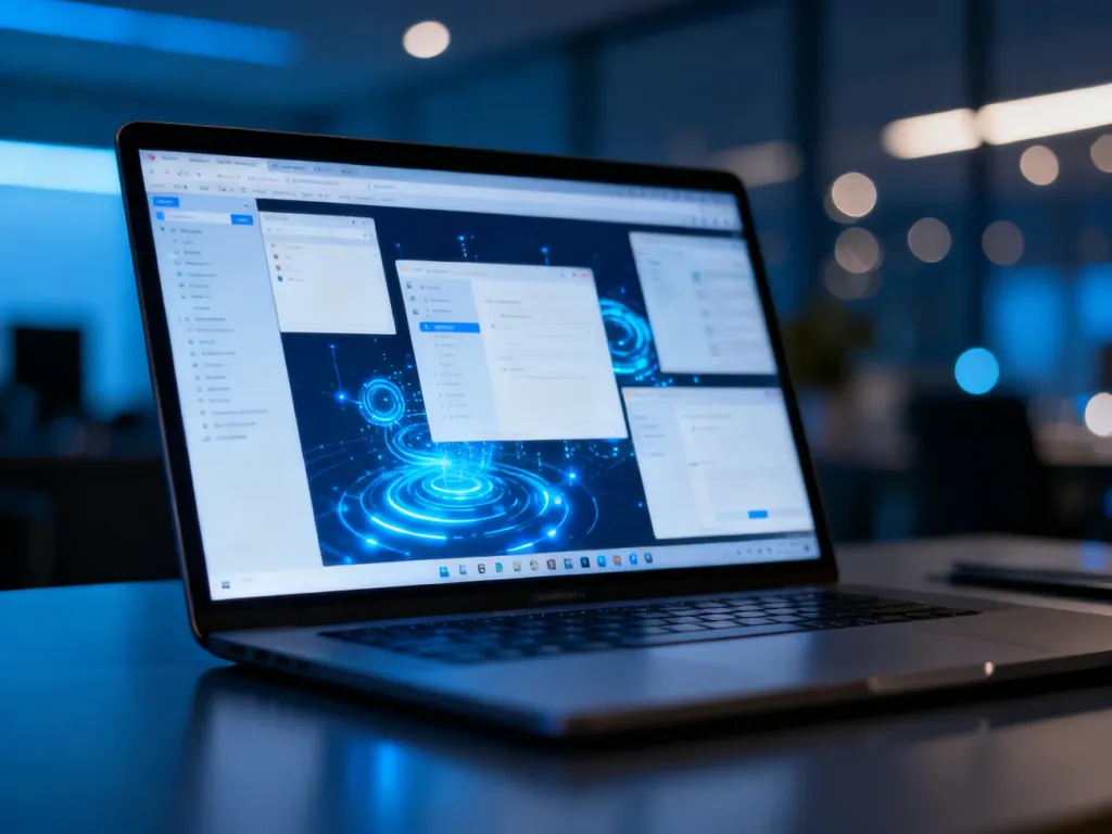 Nowoczesny pulpit systemu Windows 11 z otwartymi oknami na tle minimalistycznego biura w odcieniach błękitu.
