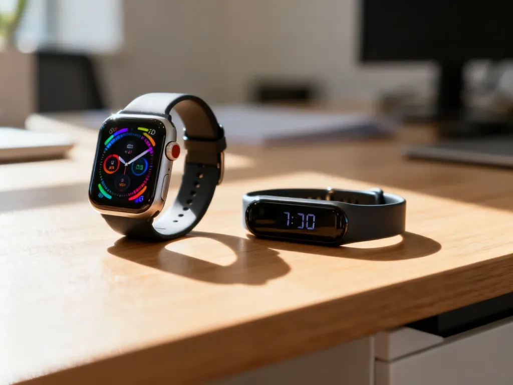 Nowoczesny smartwatch i smukły smartband leżące obok siebie na drewnianym biurku, prezentujące różne funkcje urządzeń.