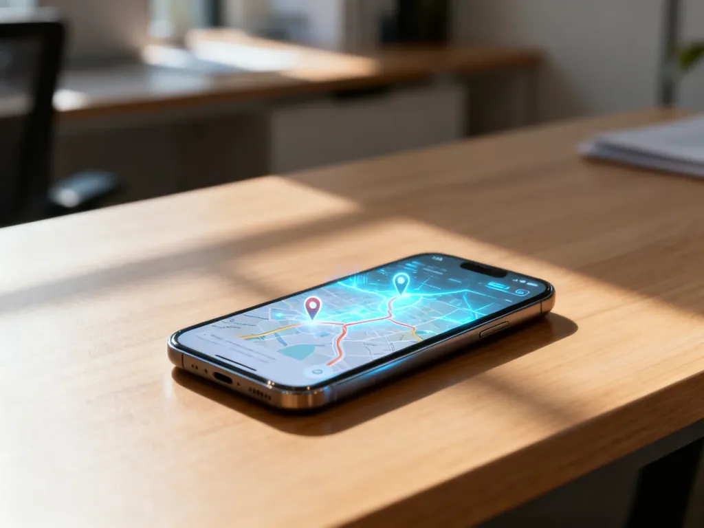 Nowoczesny smartfon z wyświetloną aplikacją mapową leżący na drewnianym biurku w słonecznym biurze.