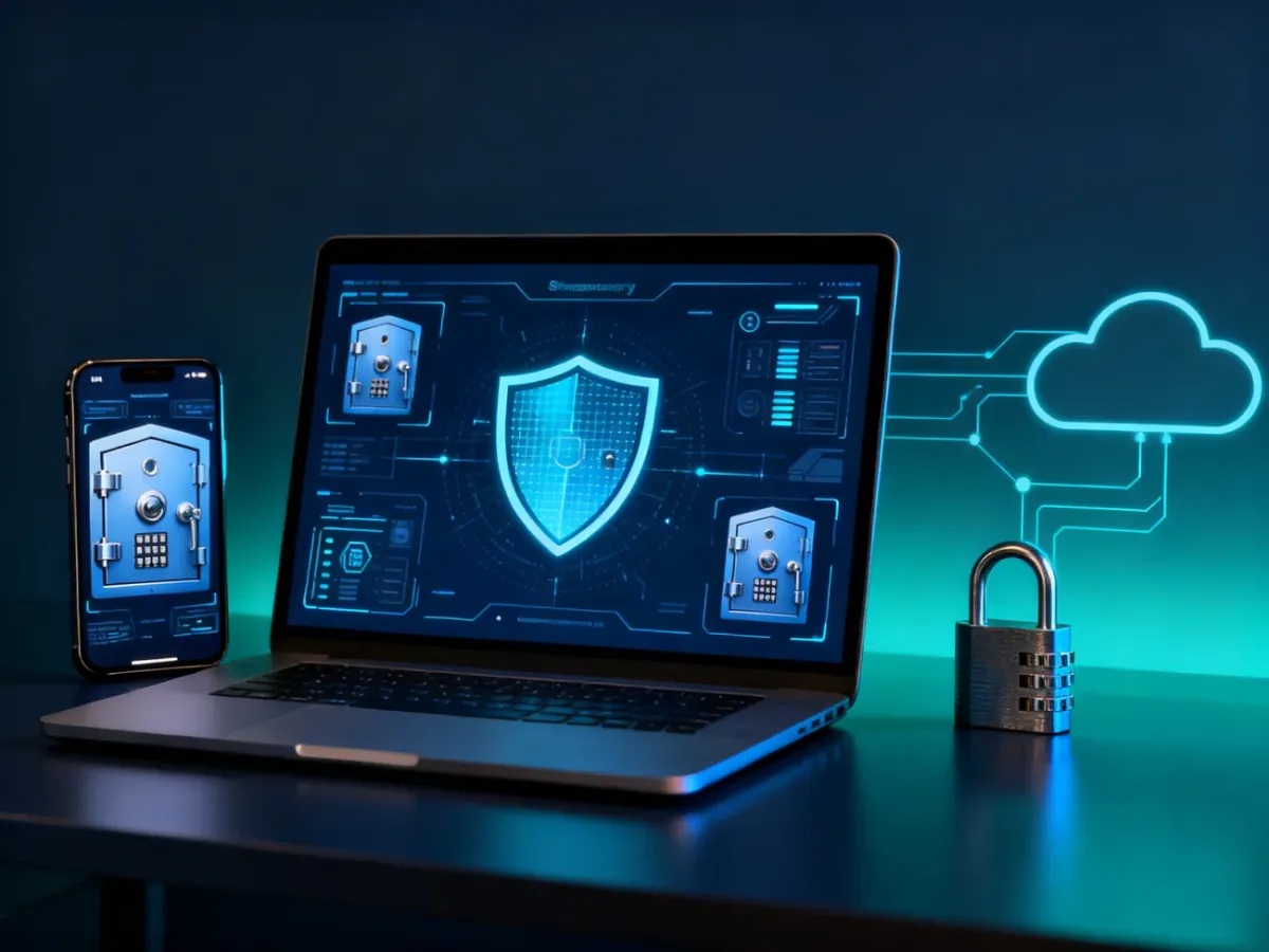 Laptop i smartfon przedstawiające zaszyfrowany sejf haseł oraz synchronizację w chmurze