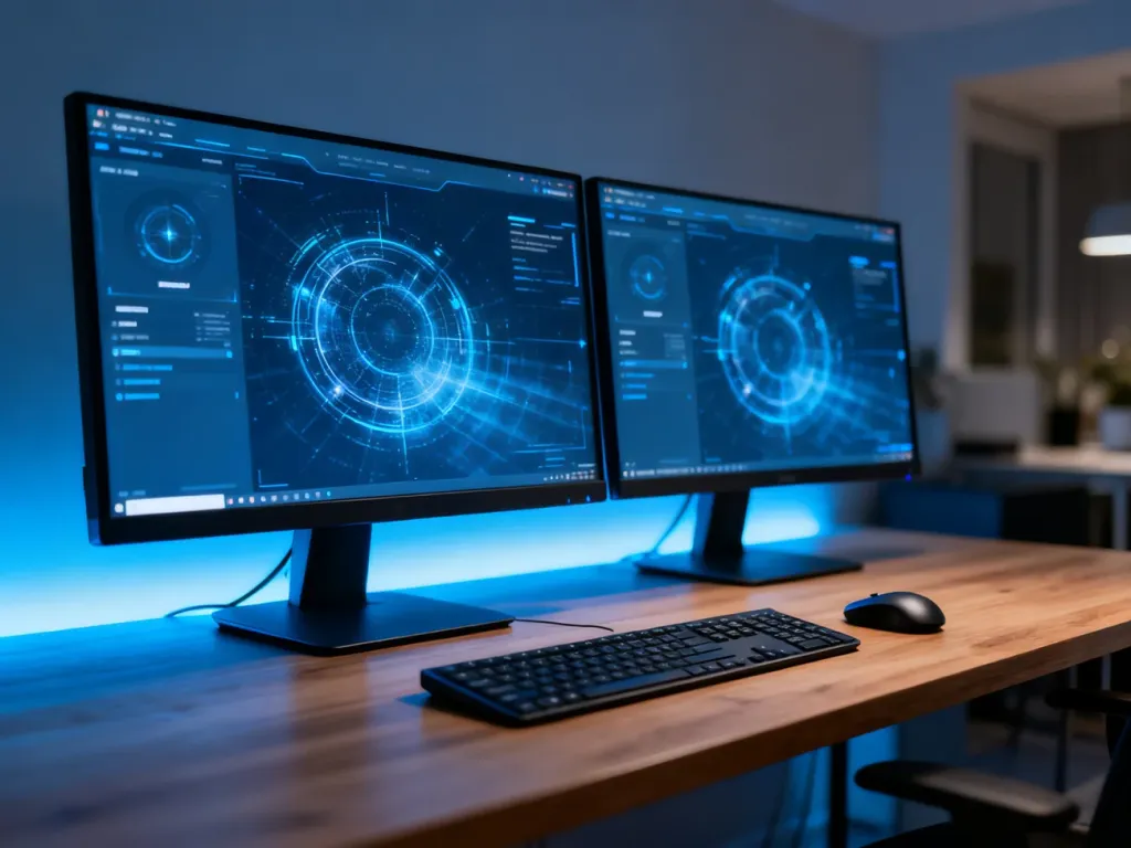 Nowoczesne stanowisko pracy z dwoma monitorami, podkreślające profesjonalny charakter systemu Windows 10 Pro.