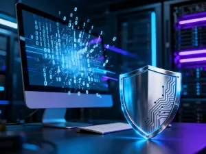 Świecąca ikona cyfrowego wirusa unosząca się nad klawiaturą laptopa w ciemnym pomieszczeniu, symbolizująca zagrożenie malware.