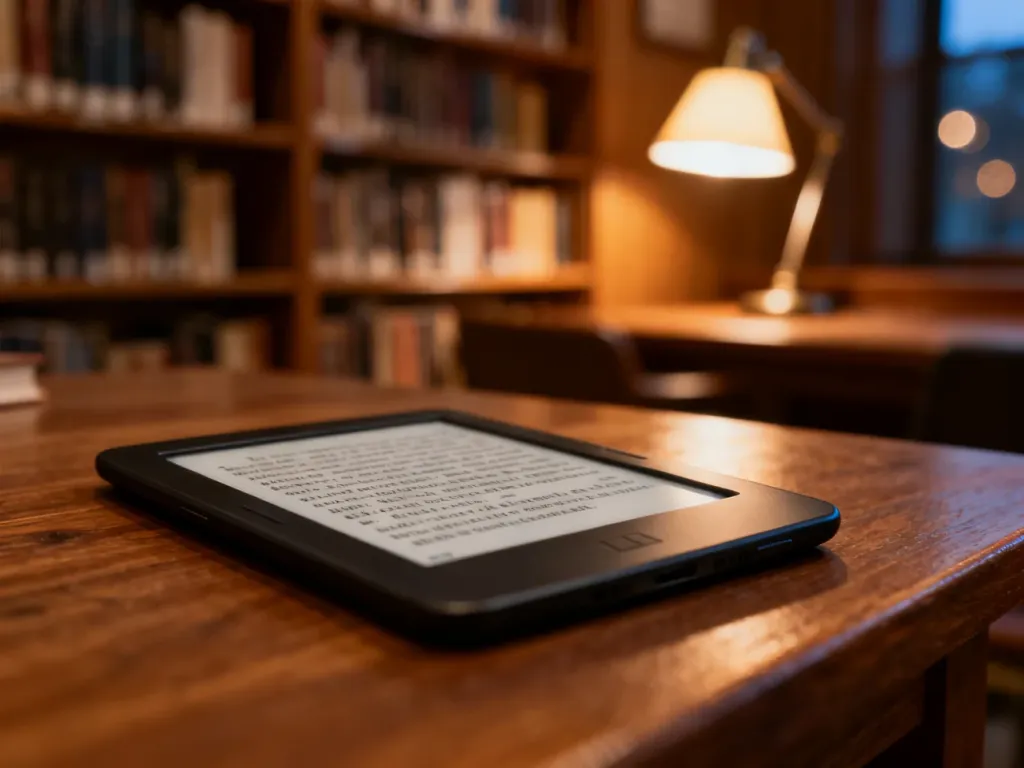 Nowoczesny czytnik ebooków z wyraźnym tekstem na ekranie E-ink, spoczywający na drewnianym stole w przytulnej bibliotece.