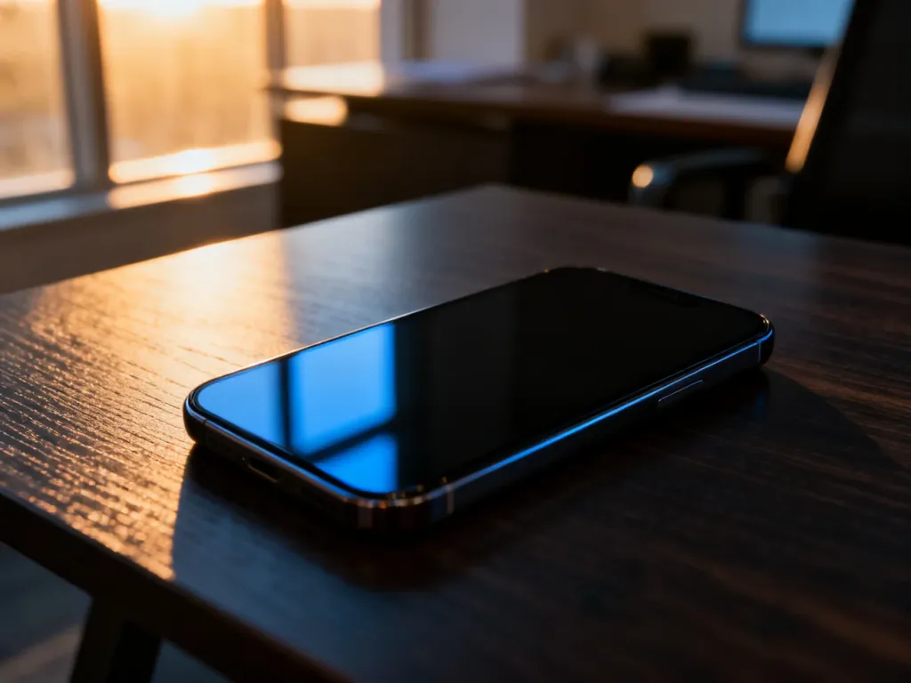 Nowoczesny smartfon leżący na drewnianym biurku, symbolizujący urządzenie, które można zlokalizować nawet po wyłączeniu.